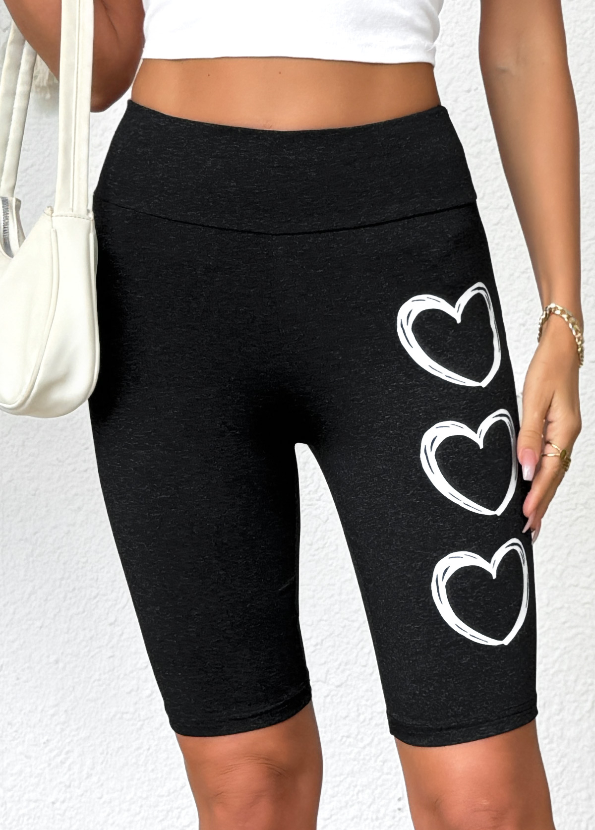 Black bottoms,Heart bottoms,Heart Print Black High Waisted Elastic Waist Short Leggings