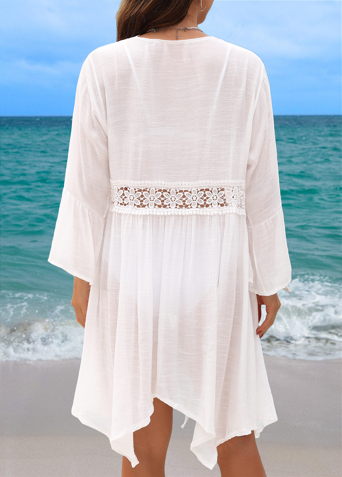 White swimwear,Plain Color swimwear,White Long Sleeve V Neck Cover Up