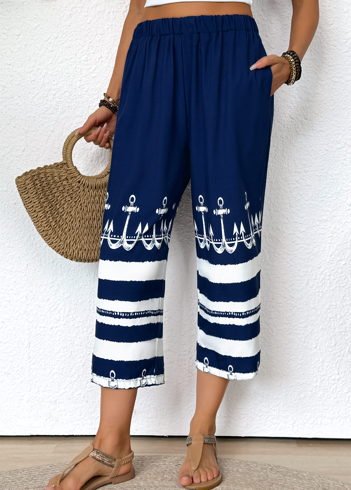 Dark Blue bottoms,Tribal bottoms,Striped bottoms,Geometric bottoms,Tribal Print Dark Blue Straight Leg Elastic Waist Pants