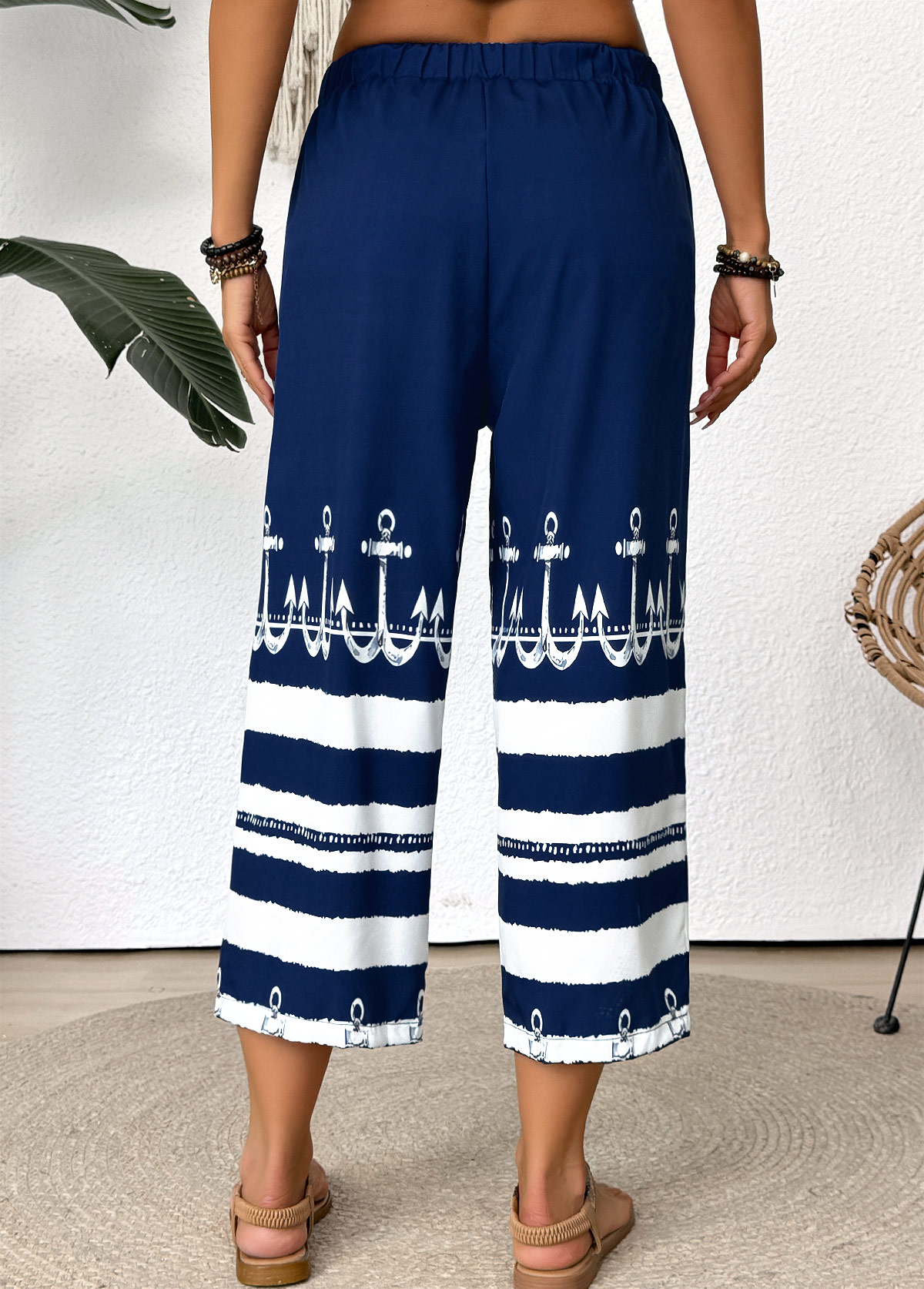 Dark Blue bottoms,Tribal bottoms,Striped bottoms,Geometric bottoms,Tribal Print Dark Blue Straight Leg Elastic Waist Pants