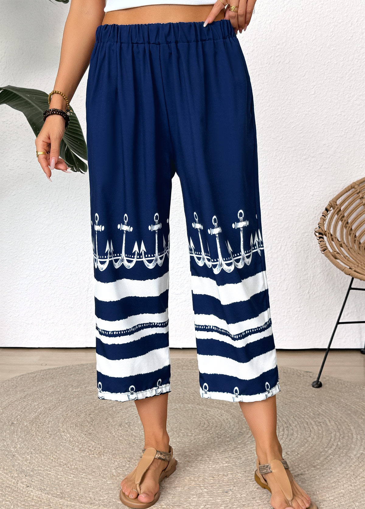 Dark Blue bottoms,Tribal bottoms,Striped bottoms,Geometric bottoms,Tribal Print Dark Blue Straight Leg Elastic Waist Pants