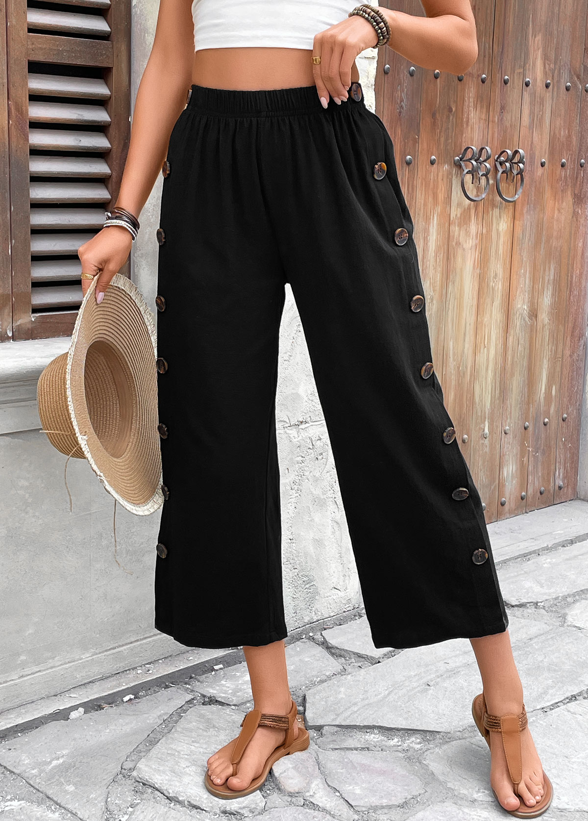 Black bottoms,Plain Color bottoms,Black Straight Leg Elastic Waist High Waisted Pants