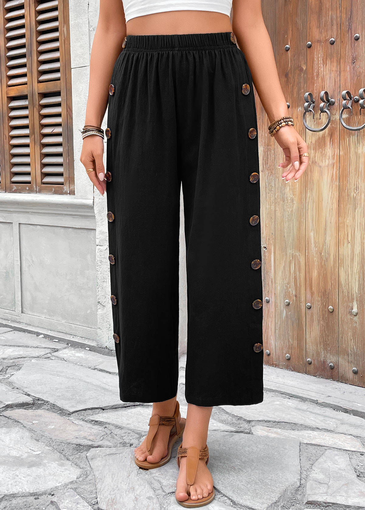 Black bottoms,Plain Color bottoms,Black Straight Leg Elastic Waist High Waisted Pants
