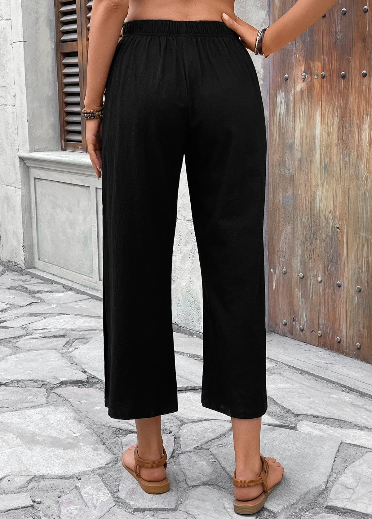 Black bottoms,Plain Color bottoms,Black Straight Leg Elastic Waist High Waisted Pants