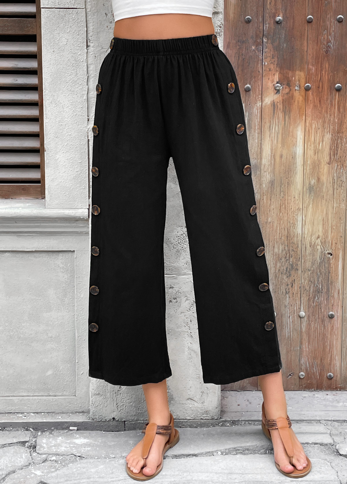 Black bottoms,Plain Color bottoms,Black Straight Leg Elastic Waist High Waisted Pants