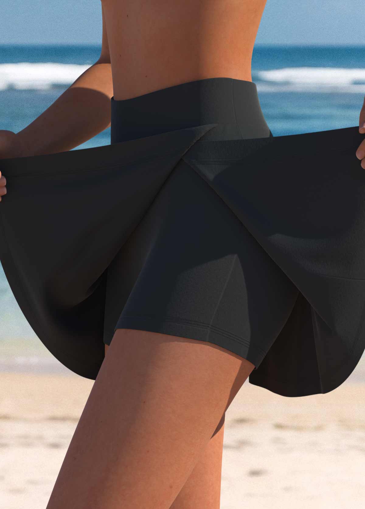 Black swimwear,Plain Color swimwear,ROTITA Black High Waisted Patchwork Split Pantskirt