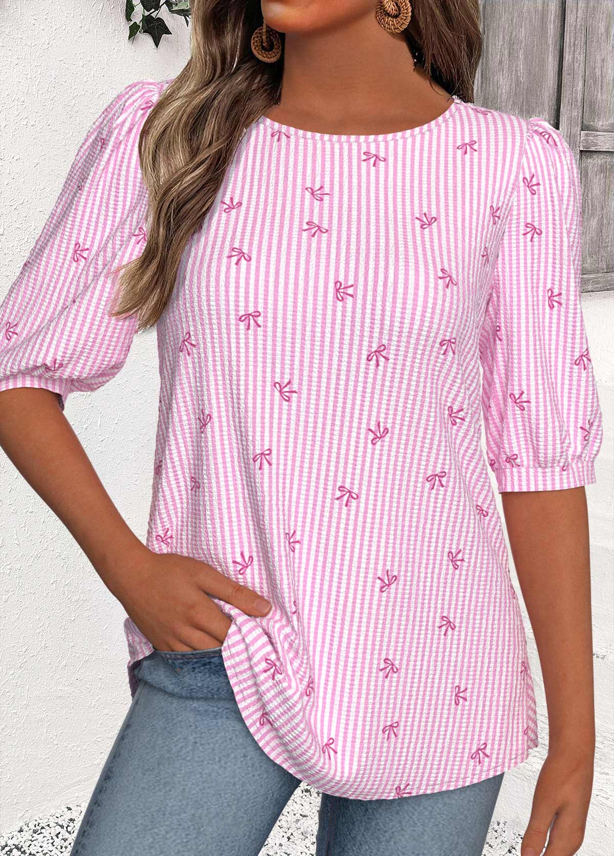 Multi Color tops,Striped tops,Geometric tops,ROTITA Striped Multi Color Round Neck Half Sleeve Blouse