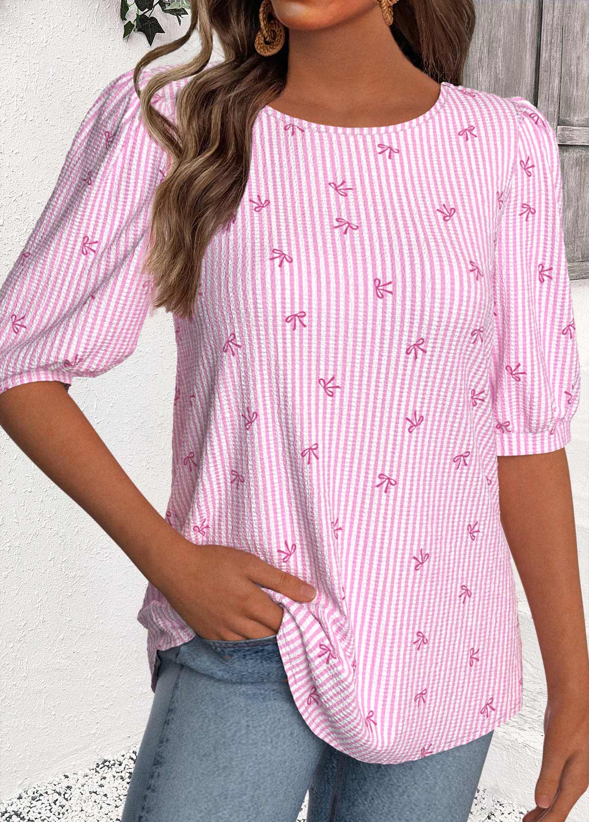 Multi Color tops,Striped tops,Geometric tops,ROTITA Striped Multi Color Round Neck Half Sleeve Blouse