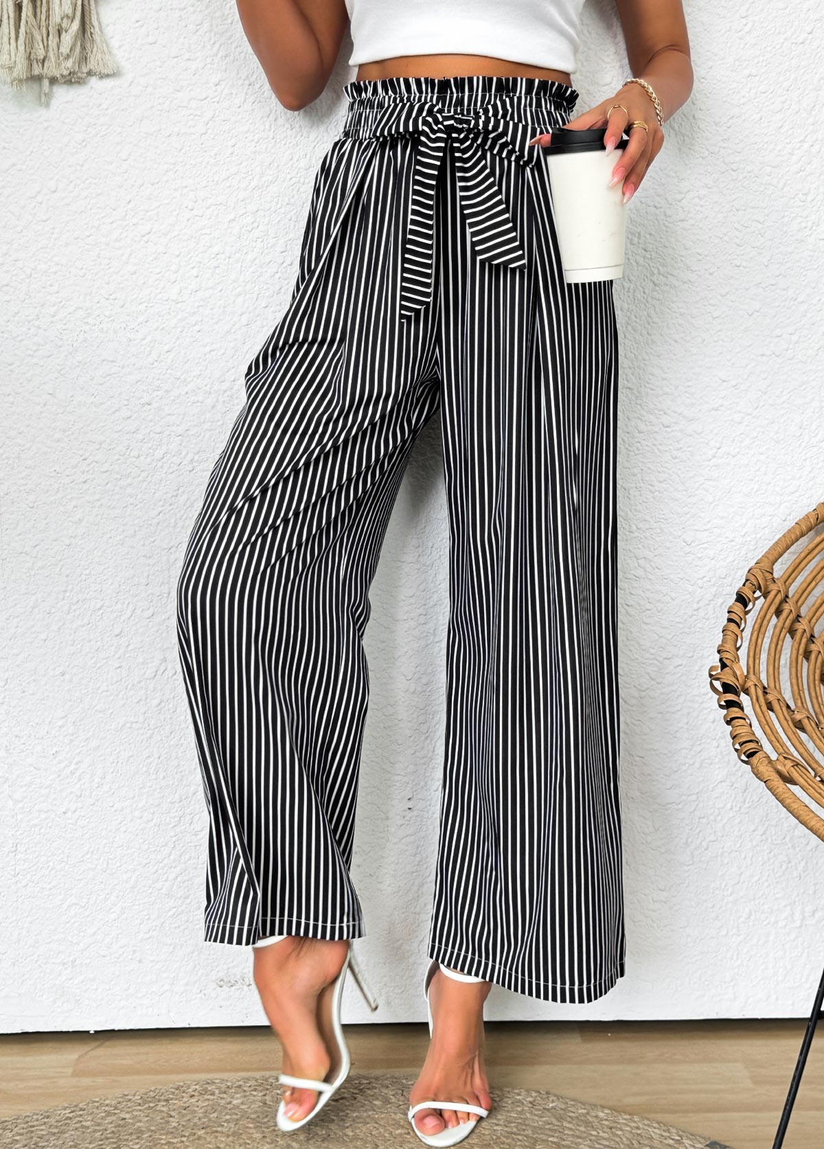 Dark Grey bottoms,Striped bottoms,Geometric bottoms,Striped Dark Grey Wide Leg Elastic Waist Pants