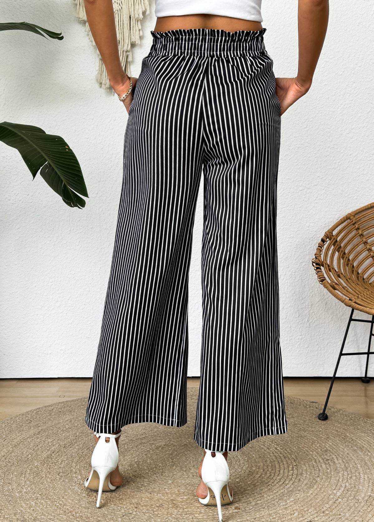 Dark Grey bottoms,Striped bottoms,Geometric bottoms,Striped Dark Grey Wide Leg Elastic Waist Pants