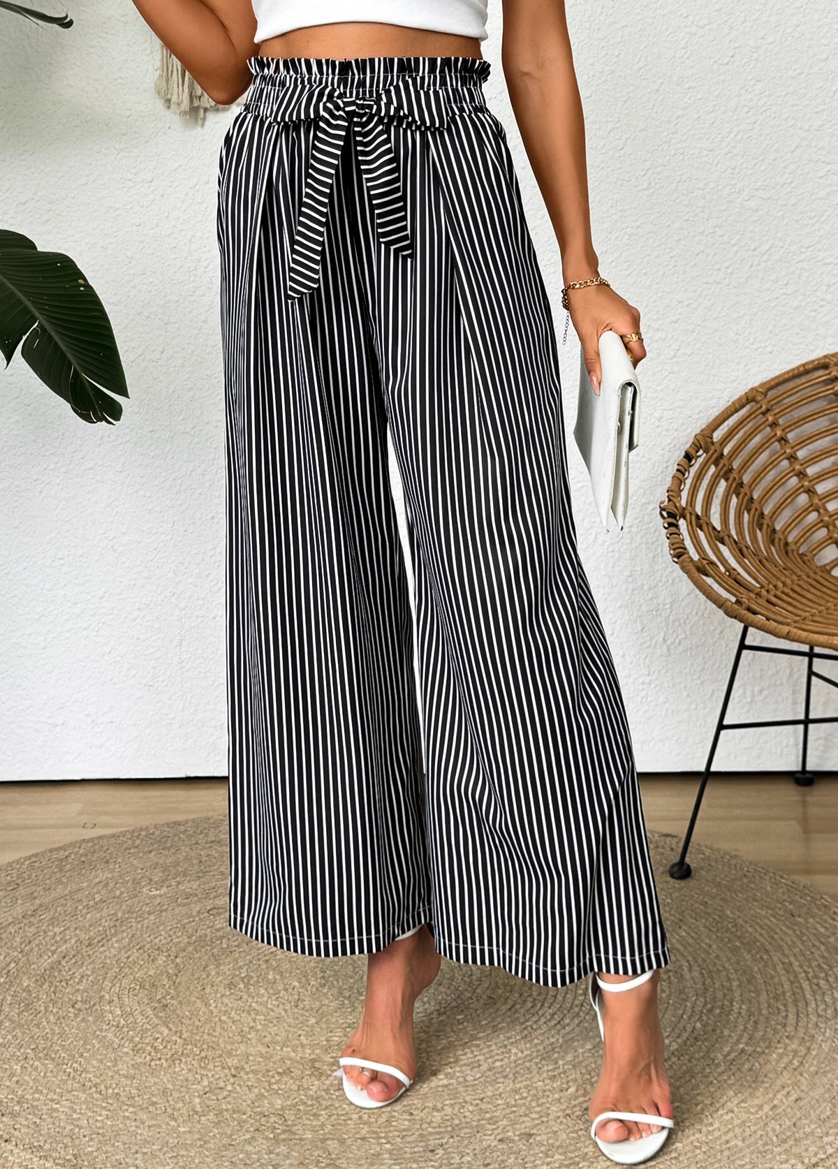 Dark Grey bottoms,Striped bottoms,Geometric bottoms,Striped Dark Grey Wide Leg Elastic Waist Pants
