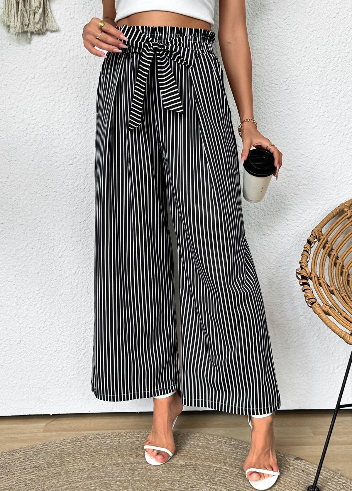 Dark Grey bottoms,Striped bottoms,Geometric bottoms,Striped Dark Grey Wide Leg Elastic Waist Pants
