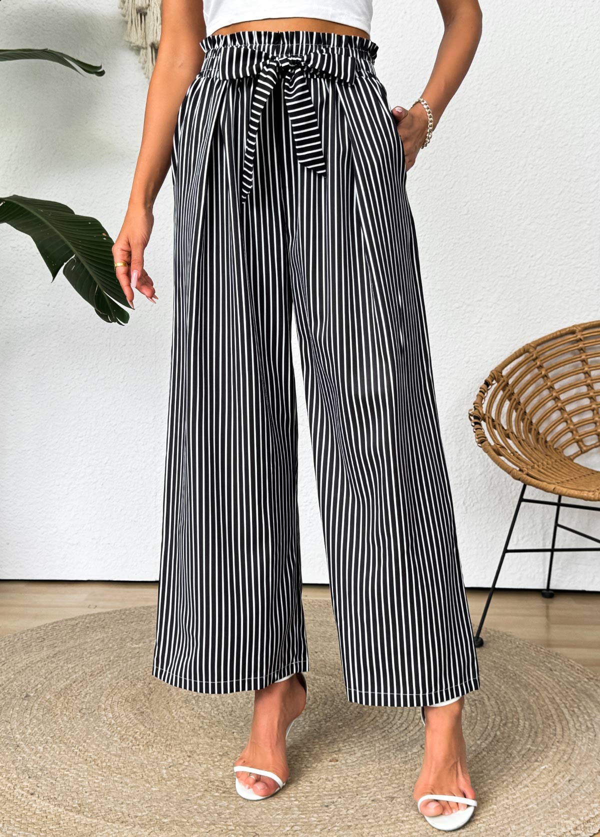 Dark Grey bottoms,Striped bottoms,Geometric bottoms,Striped Dark Grey Wide Leg Elastic Waist Pants