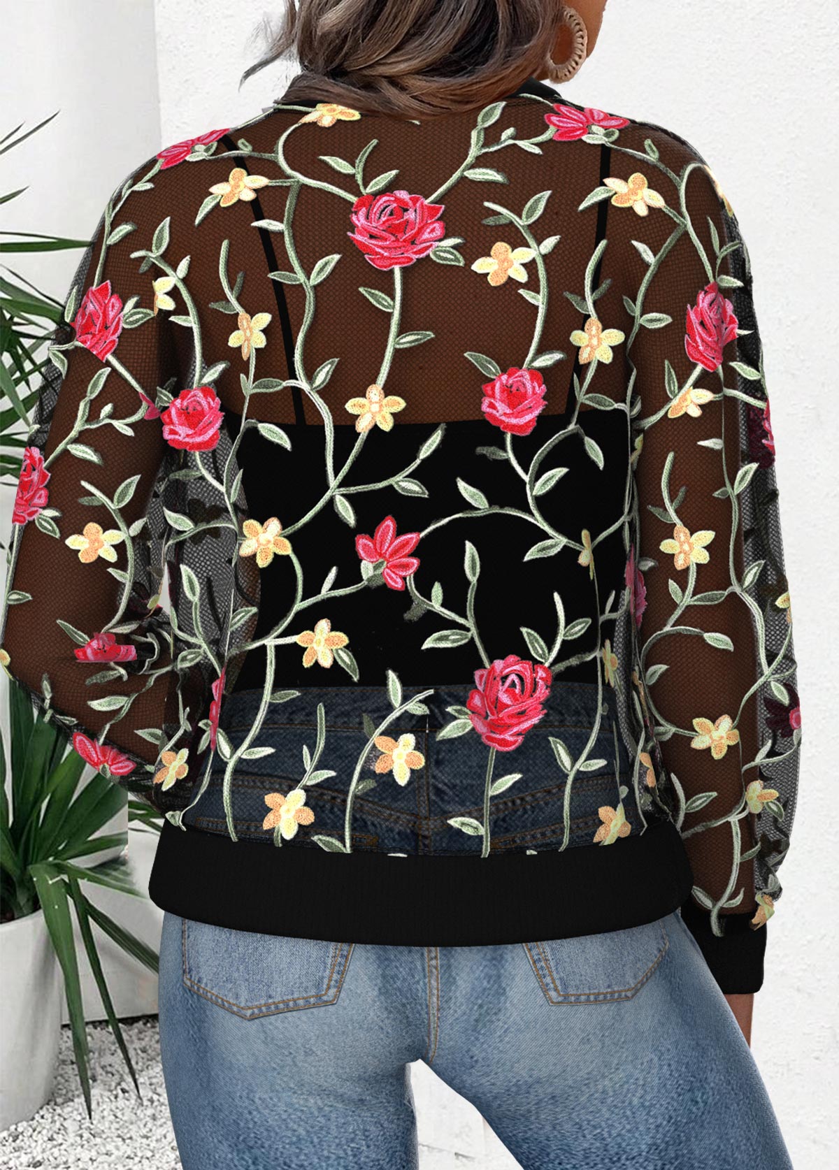 Black tops,Plain Color tops,ROTITA Black Stand Collar Long Sleeve Track Jacket
