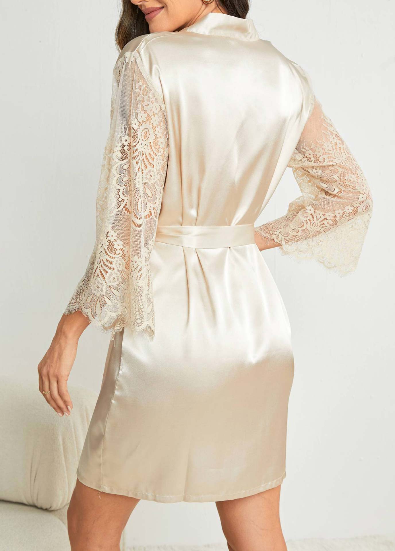 Beige loungewear,Plain Color loungewear,Beige V Neck 3/4 Sleeve Nightdress
