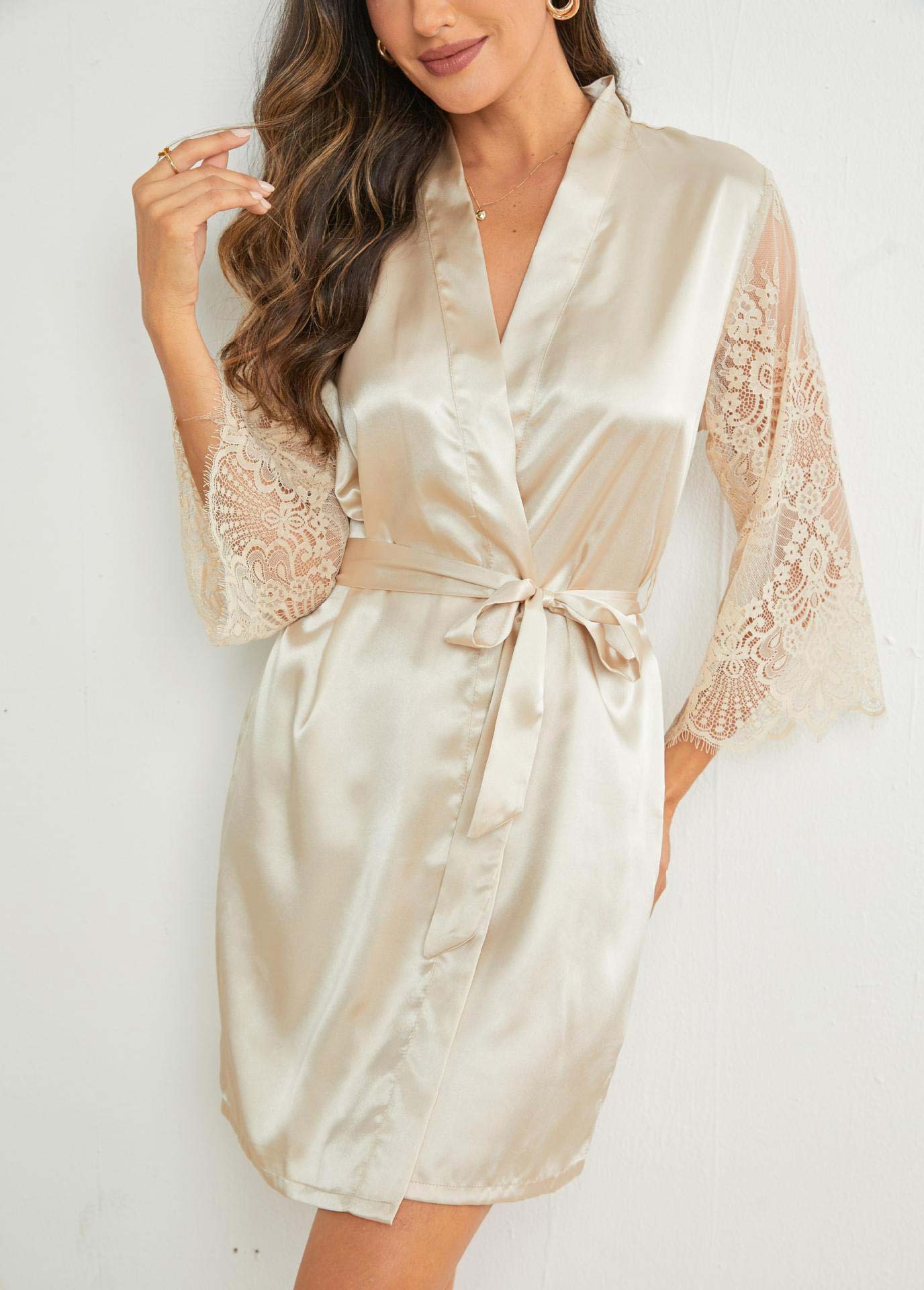 Beige loungewear,Plain Color loungewear,Beige V Neck 3/4 Sleeve Nightdress