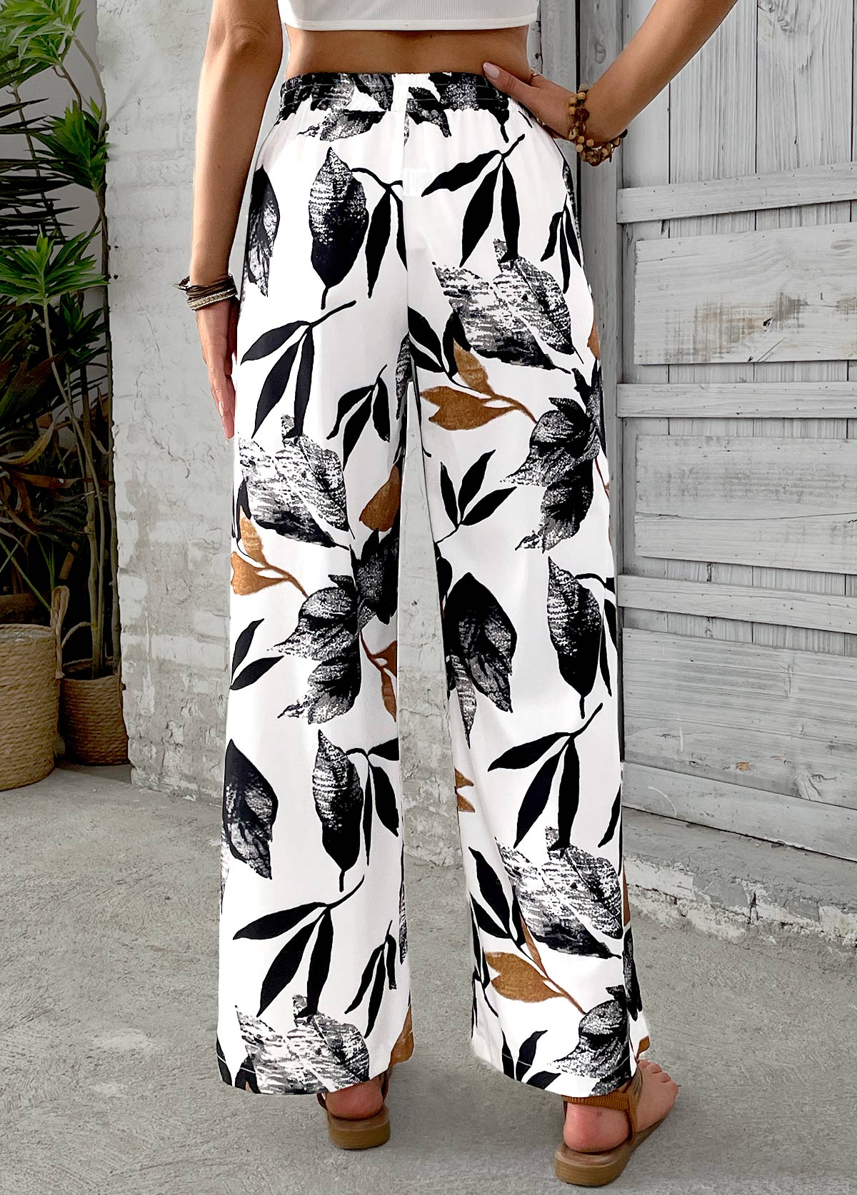 White bottoms,Plants bottoms,Leaf Print White Wide Leg Elastic Waist Pants