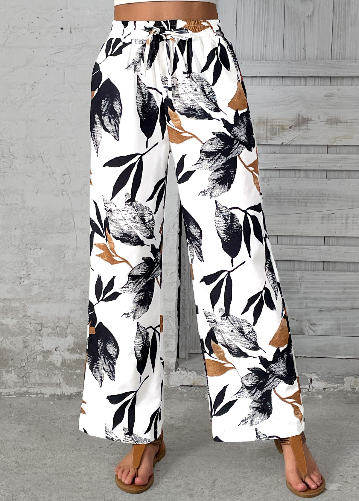 White bottoms,Plants bottoms,Leaf Print White Wide Leg Elastic Waist Pants
