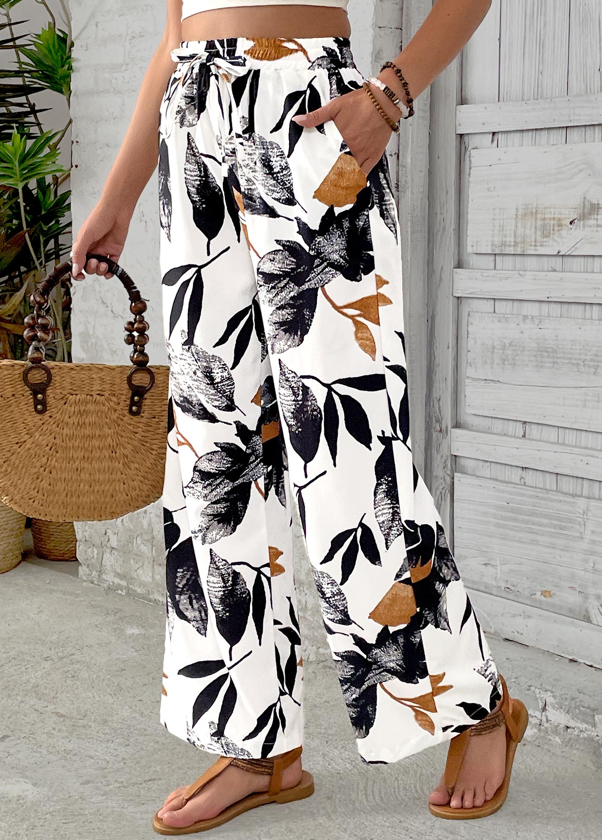 White bottoms,Plants bottoms,Leaf Print White Wide Leg Elastic Waist Pants