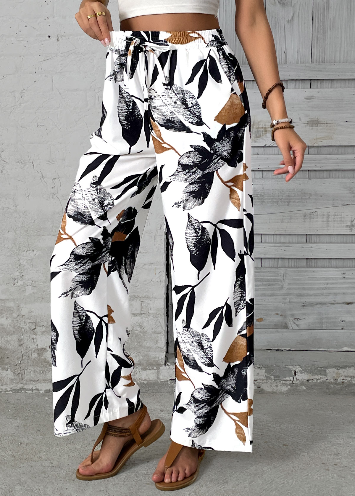 White bottoms,Plants bottoms,Leaf Print White Wide Leg Elastic Waist Pants