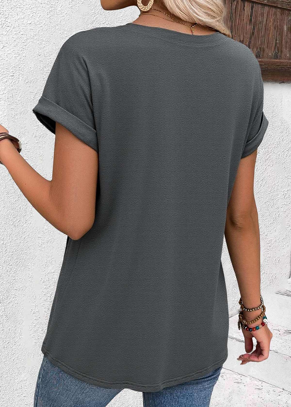 Dark Grey tops,Plain Color tops,ROTITA Dark Grey Round Neck Short Sleeve T Shirt