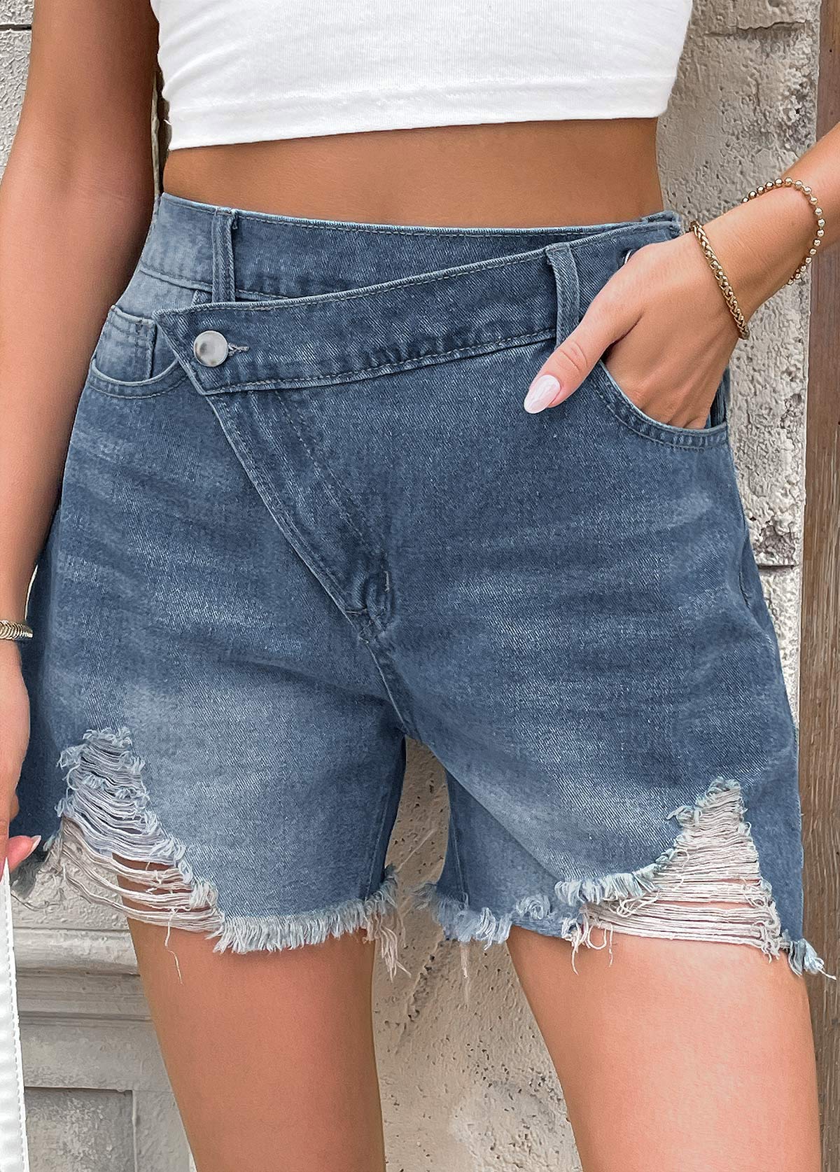 Denim Blue bottoms,Plain Color bottoms,Denim Blue Button Fly High Waisted Shorts