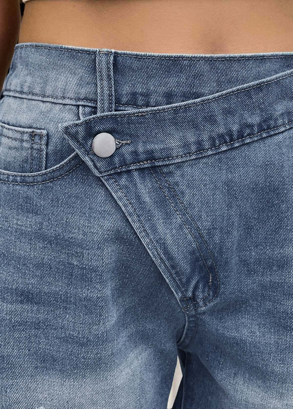 Denim Blue bottoms,Plain Color bottoms,Denim Blue Button Fly High Waisted Shorts