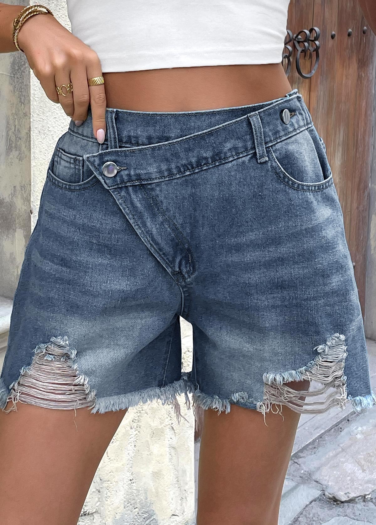 Denim Blue bottoms,Plain Color bottoms,Denim Blue Button Fly High Waisted Shorts