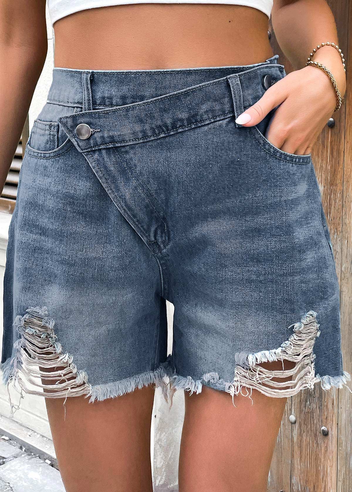 Denim Blue bottoms,Plain Color bottoms,Denim Blue Button Fly High Waisted Shorts
