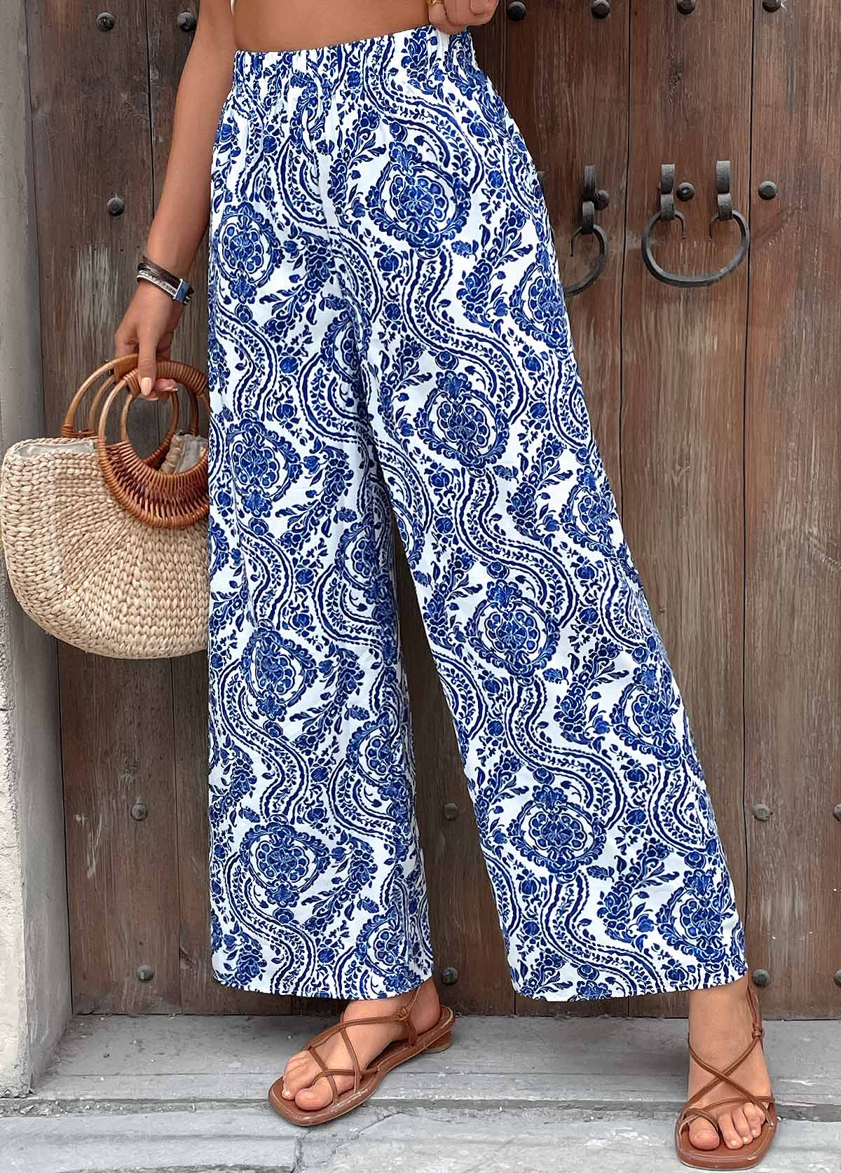 Dark Blue bottoms,Tribal bottoms,Tribal Print Dark Blue Wide Leg Elastic Waist Pants