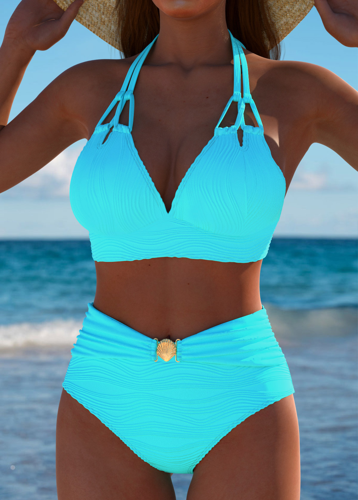 Cyan swimwear,Plain Color swimwear,ROTITA Cyan Mid Waisted Patchwork Bikini Set