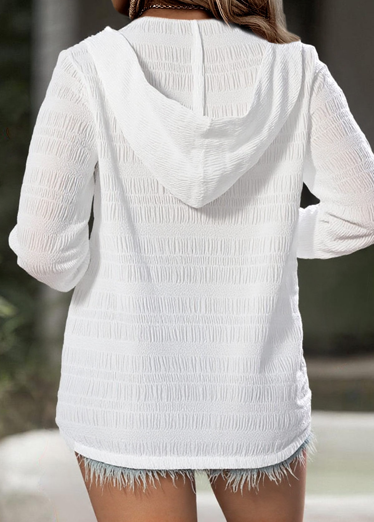 White tops,Plain Color tops,ROTITA White Crinkled Texture Long Sleeve Jacket
