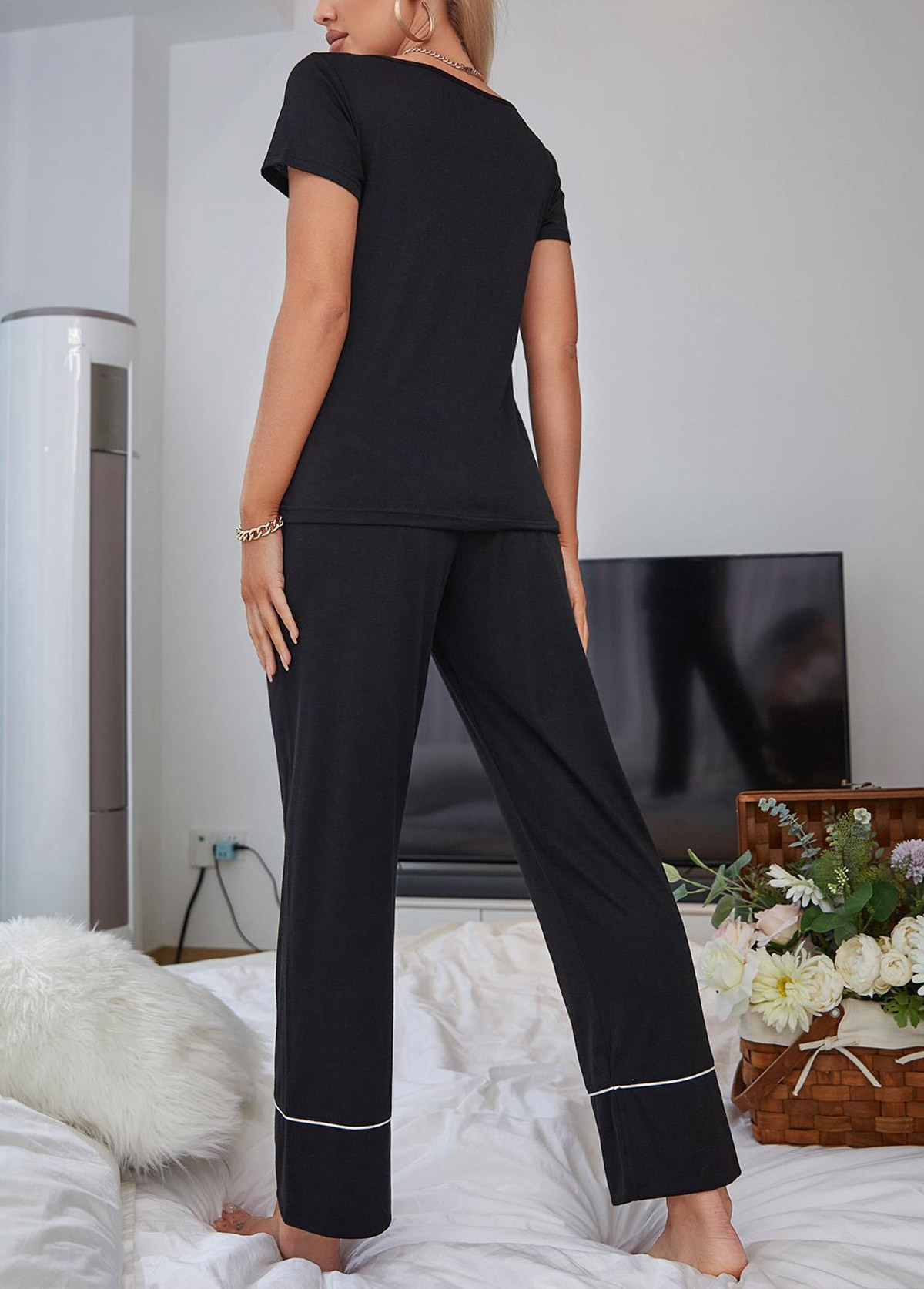 Black loungewear,Plain Color loungewear,Black Scoop Neck Short Sleeve Lounge Top and Pants