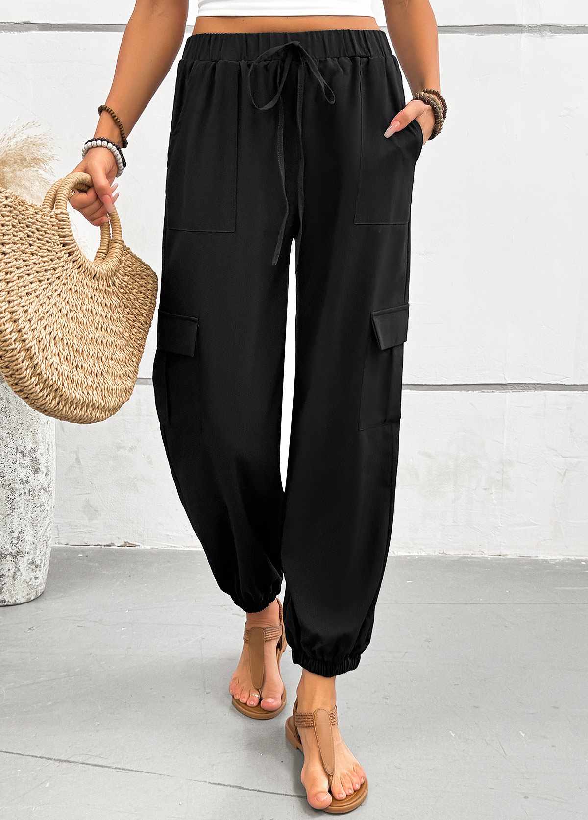 Black bottoms,Plain Color bottoms,Pocket Black Jogger Elastic Waist High Waisted Pants
