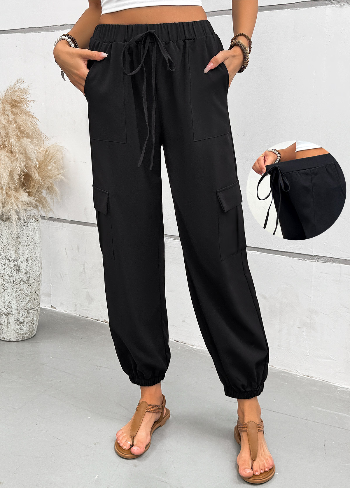 Black bottoms,Plain Color bottoms,Pocket Black Jogger Elastic Waist High Waisted Pants