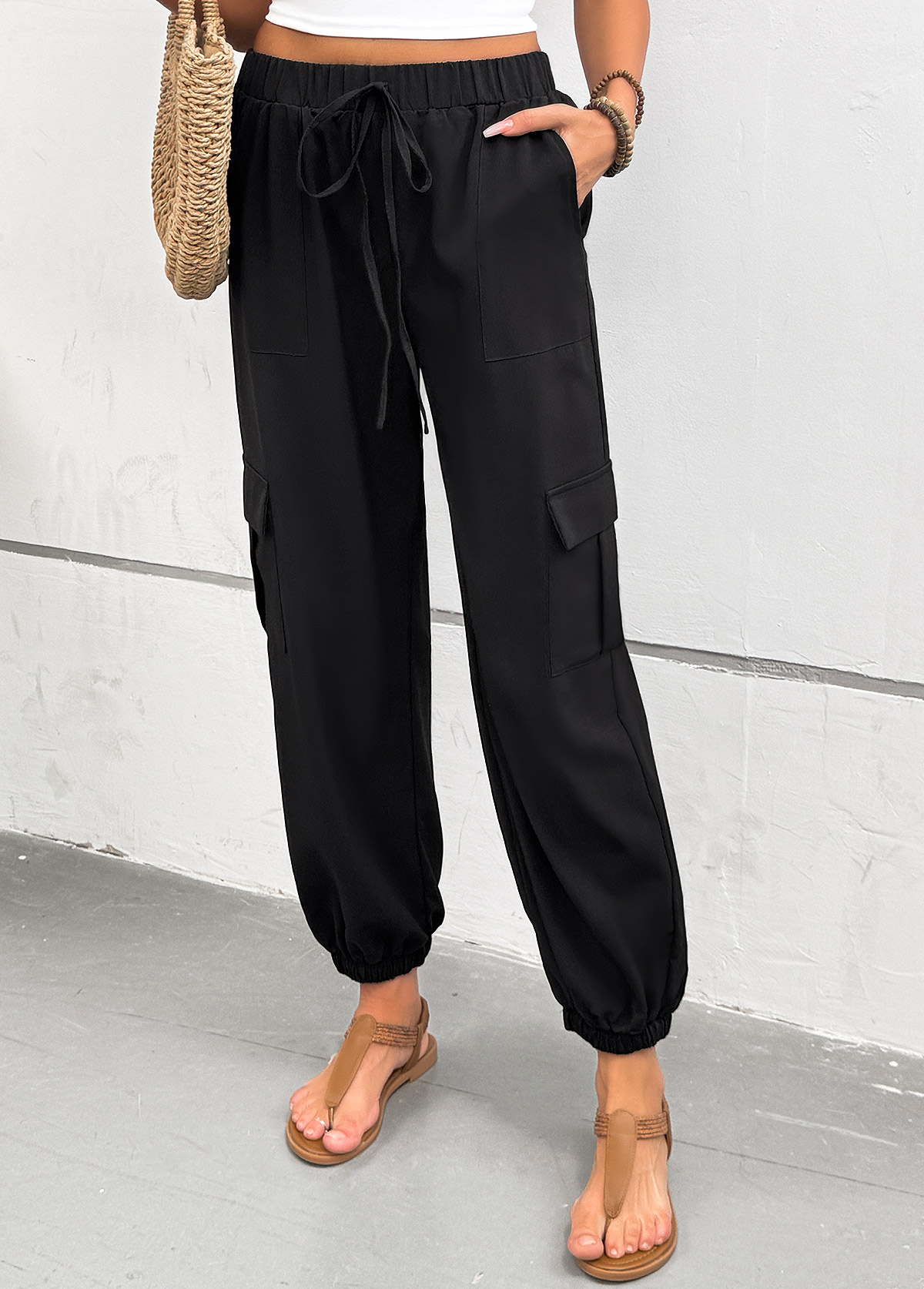 Black bottoms,Plain Color bottoms,Pocket Black Jogger Elastic Waist High Waisted Pants