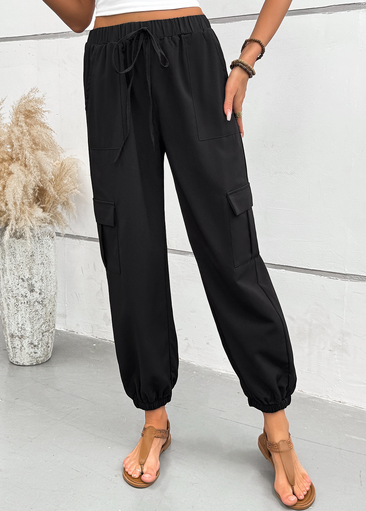 Black bottoms,Plain Color bottoms,Pocket Black Jogger Elastic Waist High Waisted Pants