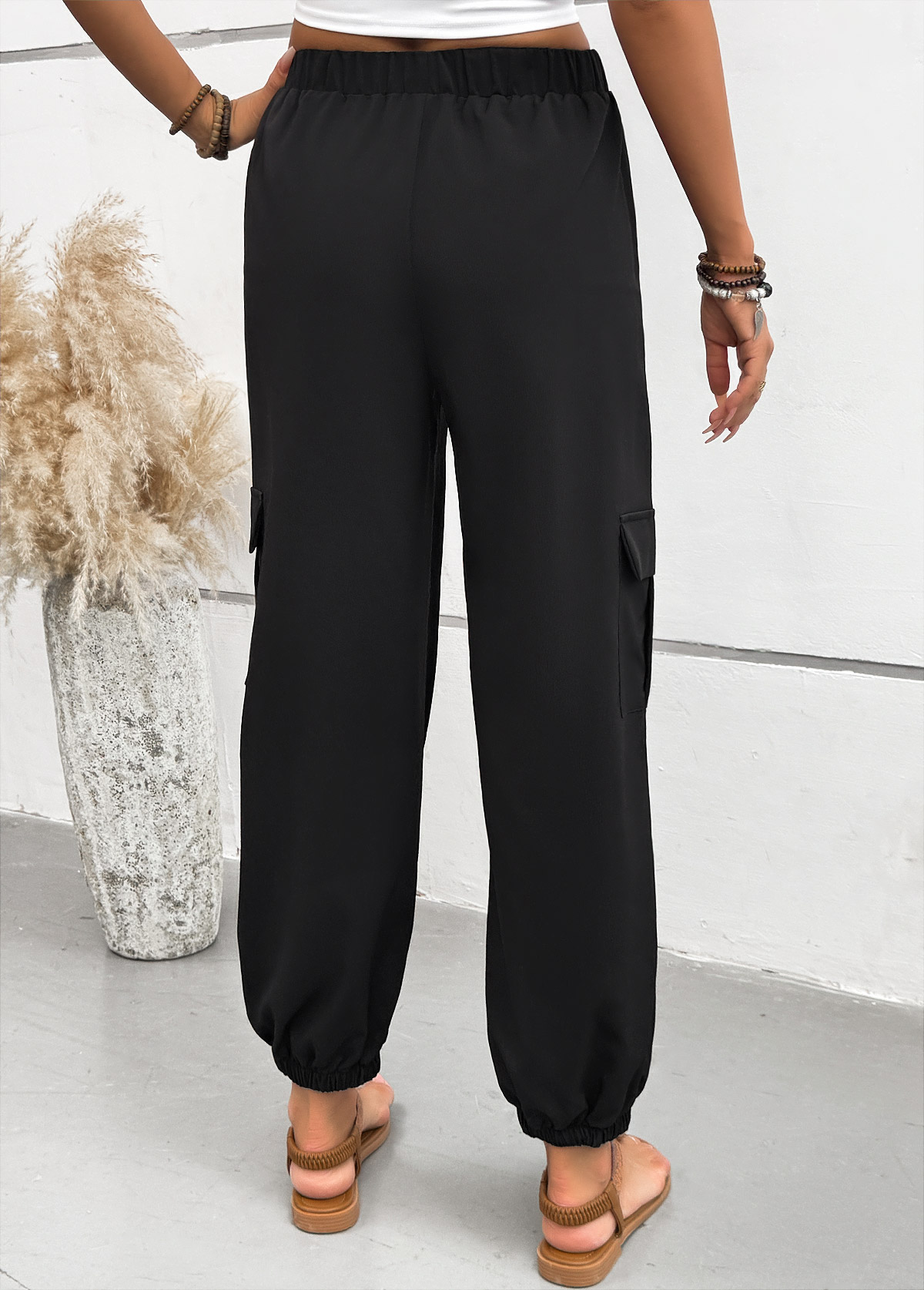 Black bottoms,Plain Color bottoms,Pocket Black Jogger Elastic Waist High Waisted Pants