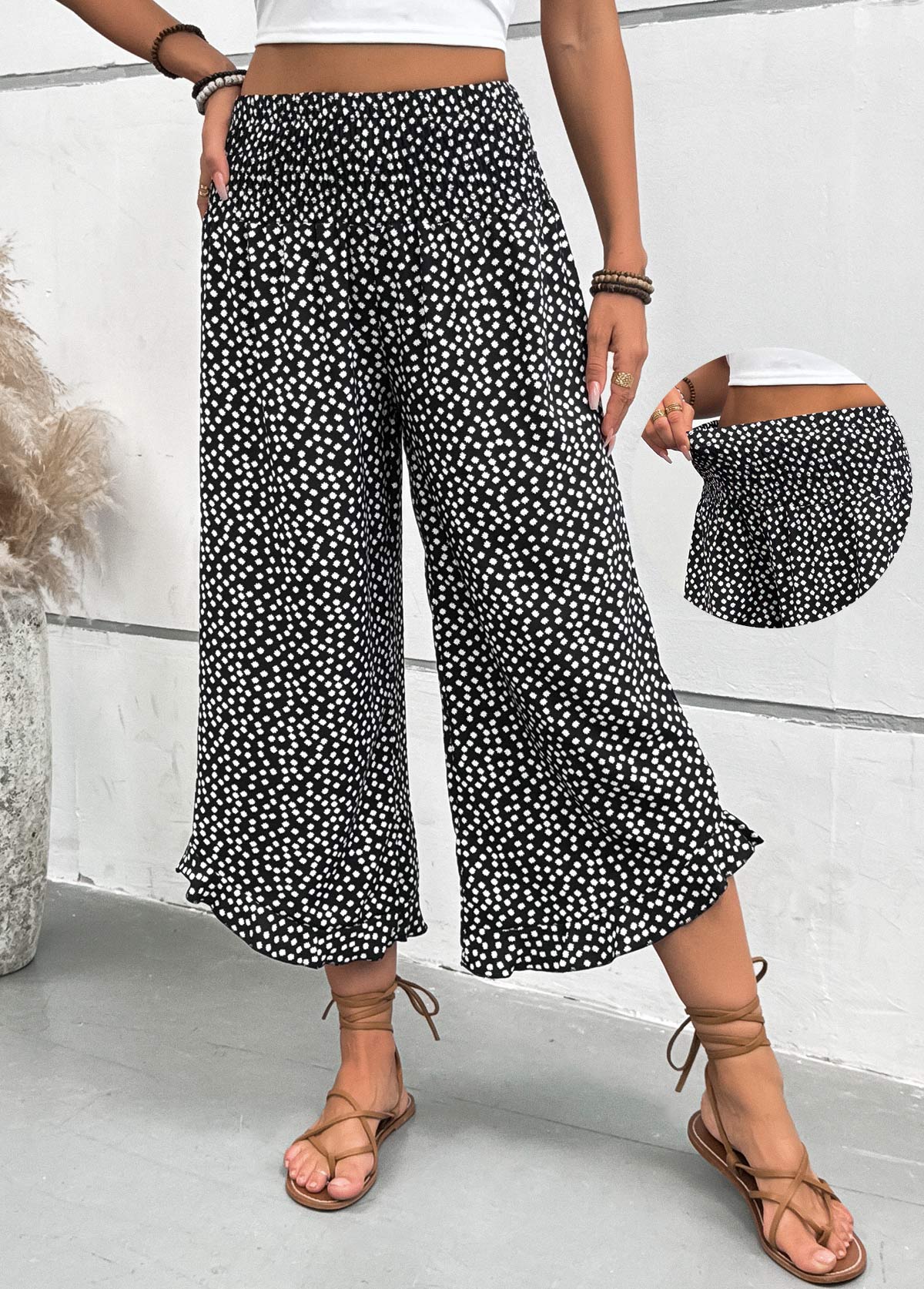 Black bottoms,Dot bottoms,Polka Dot Black Wide Leg Elastic Waist Pants