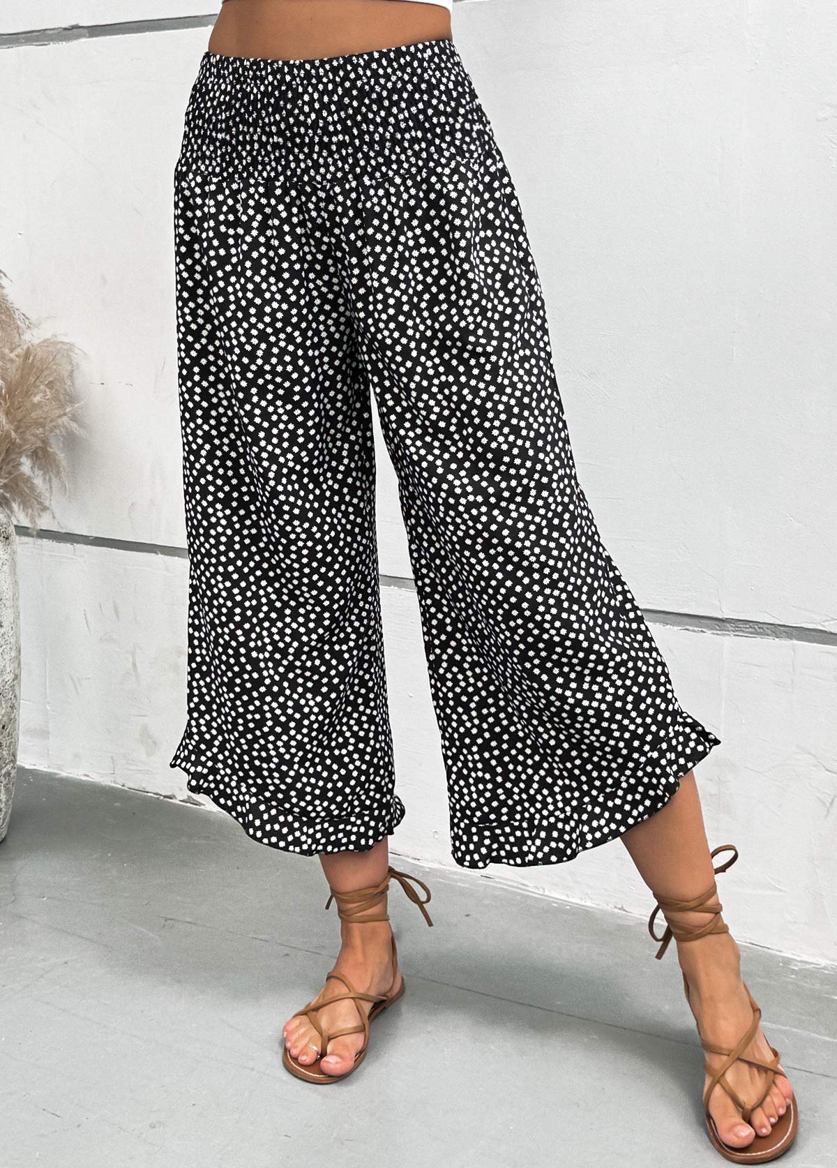 Black bottoms,Dot bottoms,Polka Dot Black Wide Leg Elastic Waist Pants