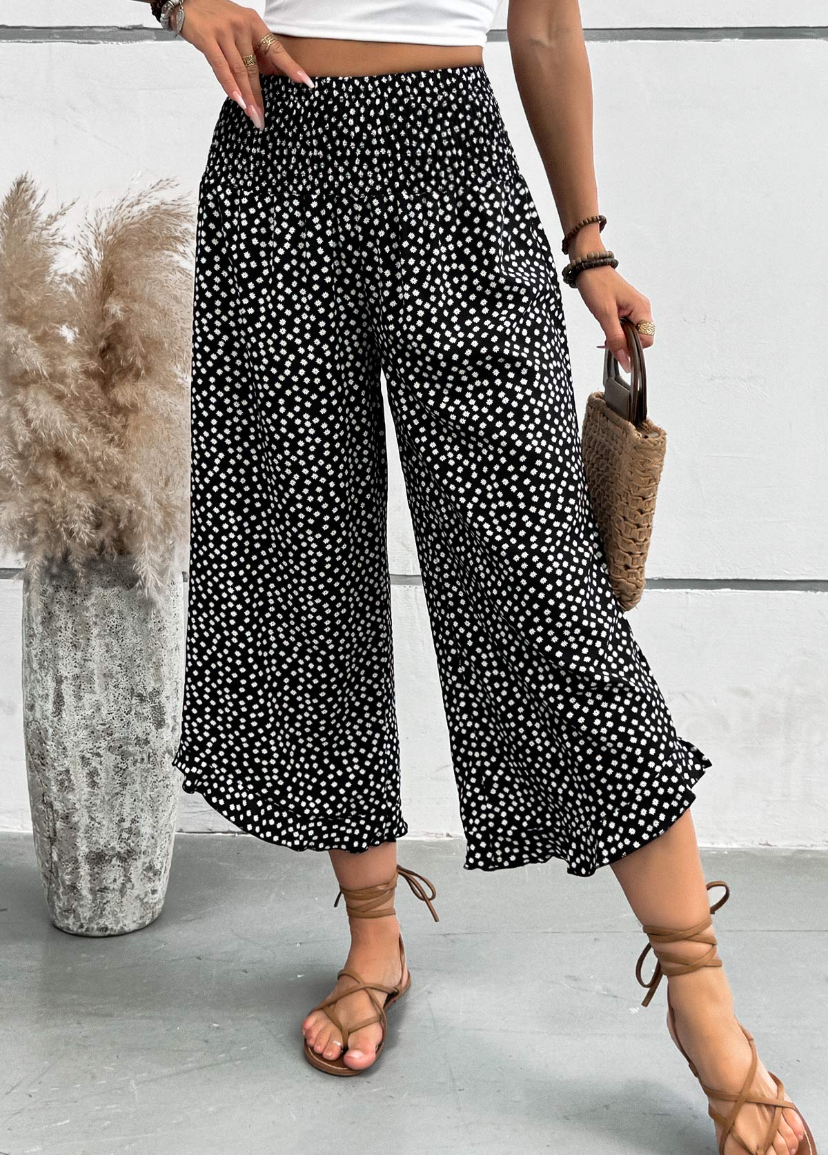 Black bottoms,Dot bottoms,Polka Dot Black Wide Leg Elastic Waist Pants