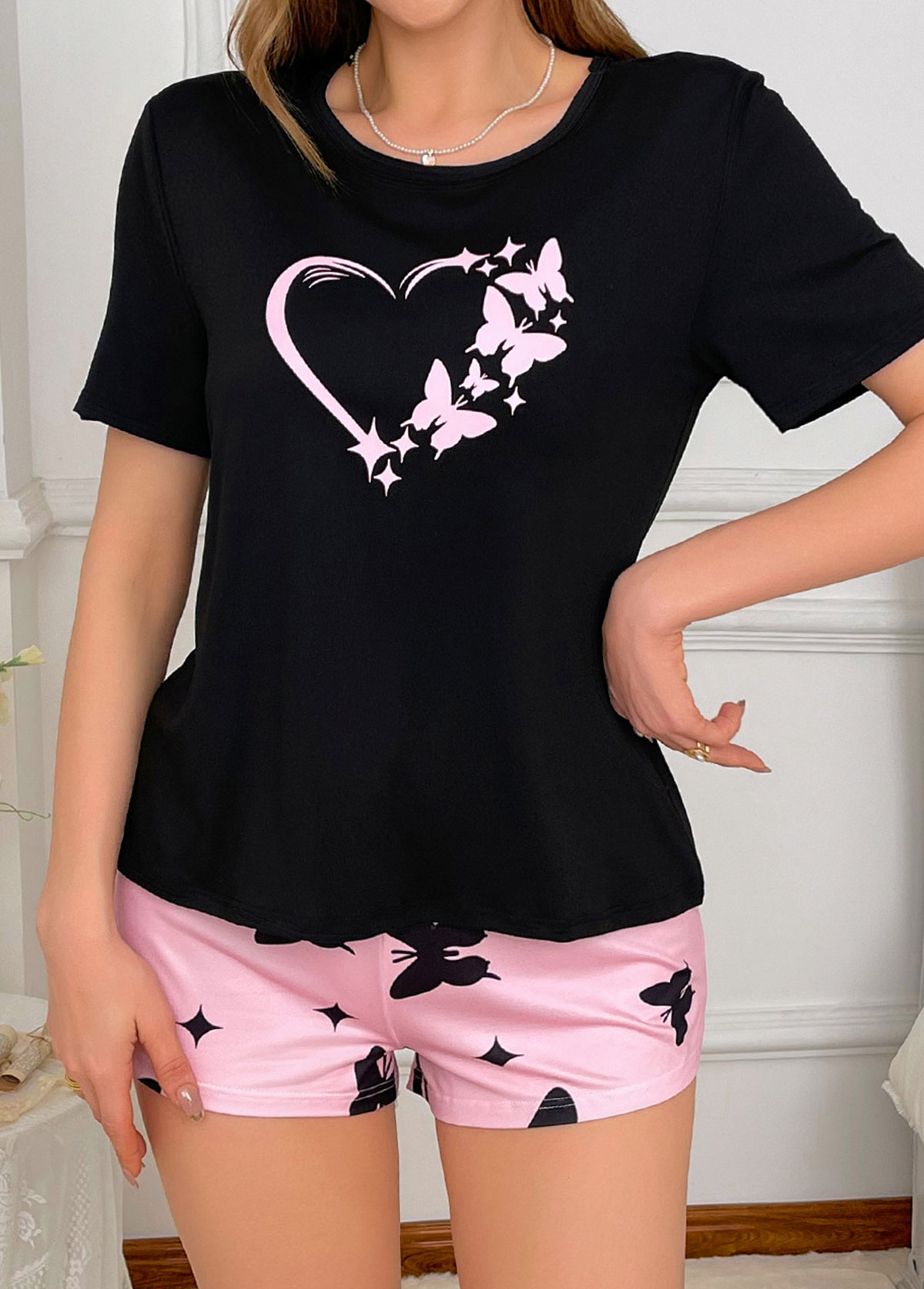 Light Pink loungewear,Animal Print loungewear,Butterfly Print Light Pink Lounge Top and Shorts