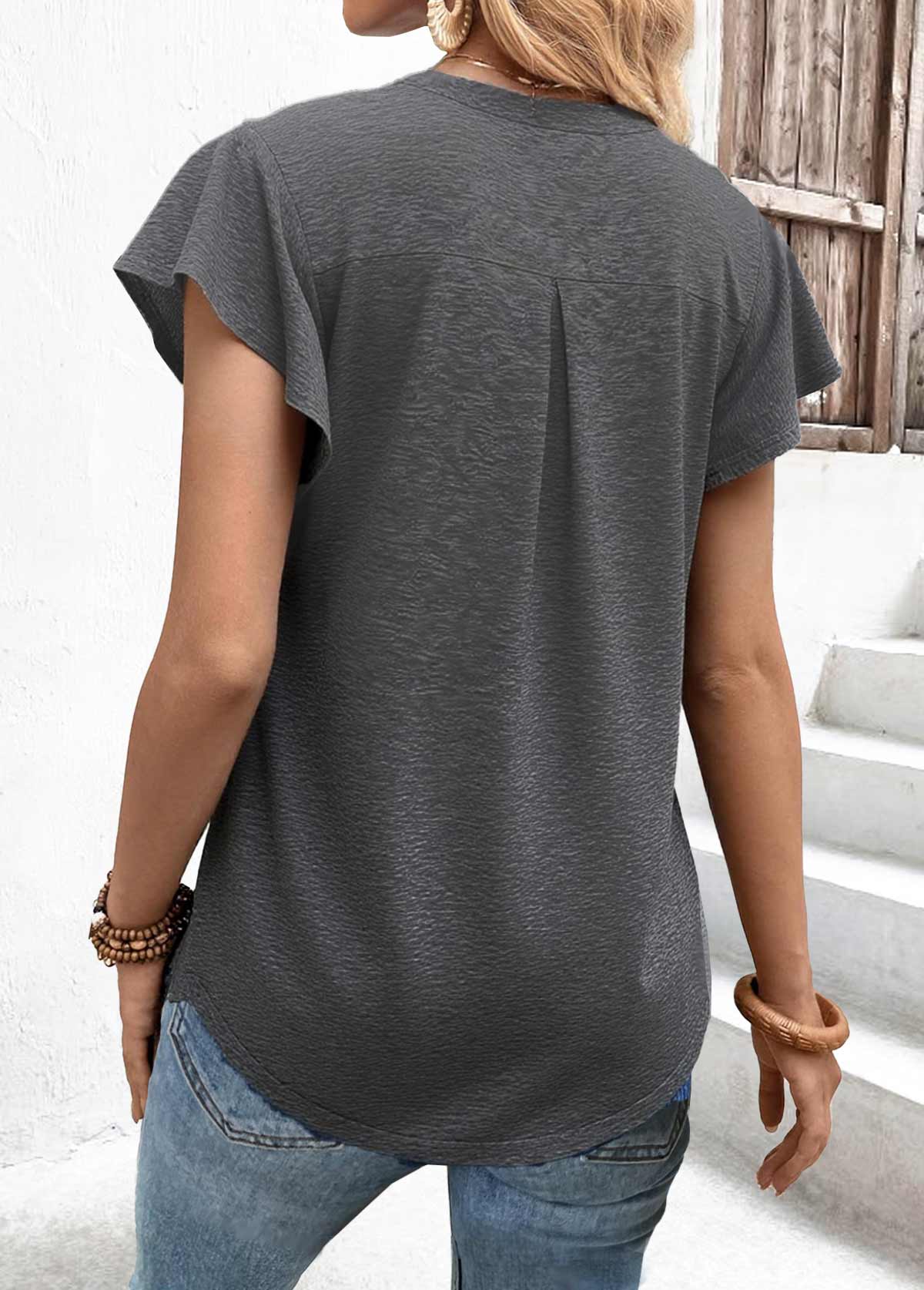 Dark Grey Marl tops,Plain Color tops,ROTITA Dark Grey Marl Split Neck Short Sleeve T Shirt