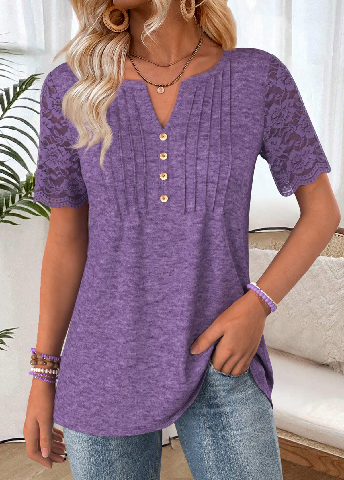 Purple tops,Plain Color tops,ROTITA Purple Split Neck Short Sleeve T Shirt