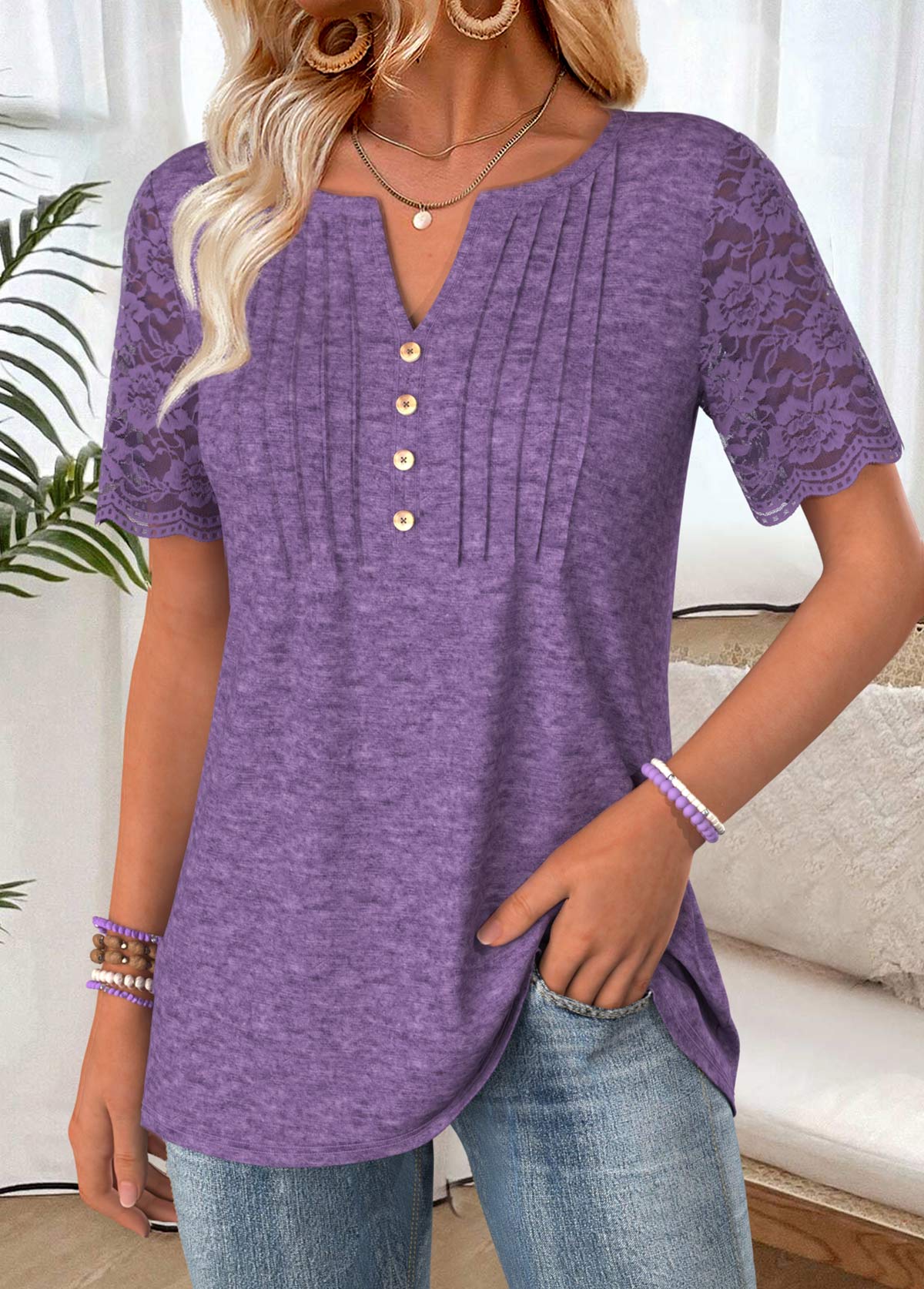 Purple tops,Plain Color tops,ROTITA Purple Split Neck Short Sleeve T Shirt