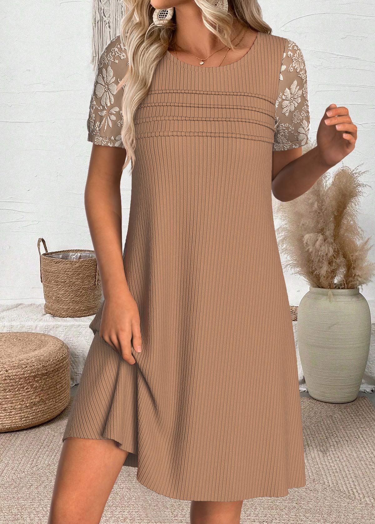 Light Coffee dresses,Plain Color dresses,Everyday dresses,Casual dresses,ROTITA Light Coffee Short Round Neck Dress