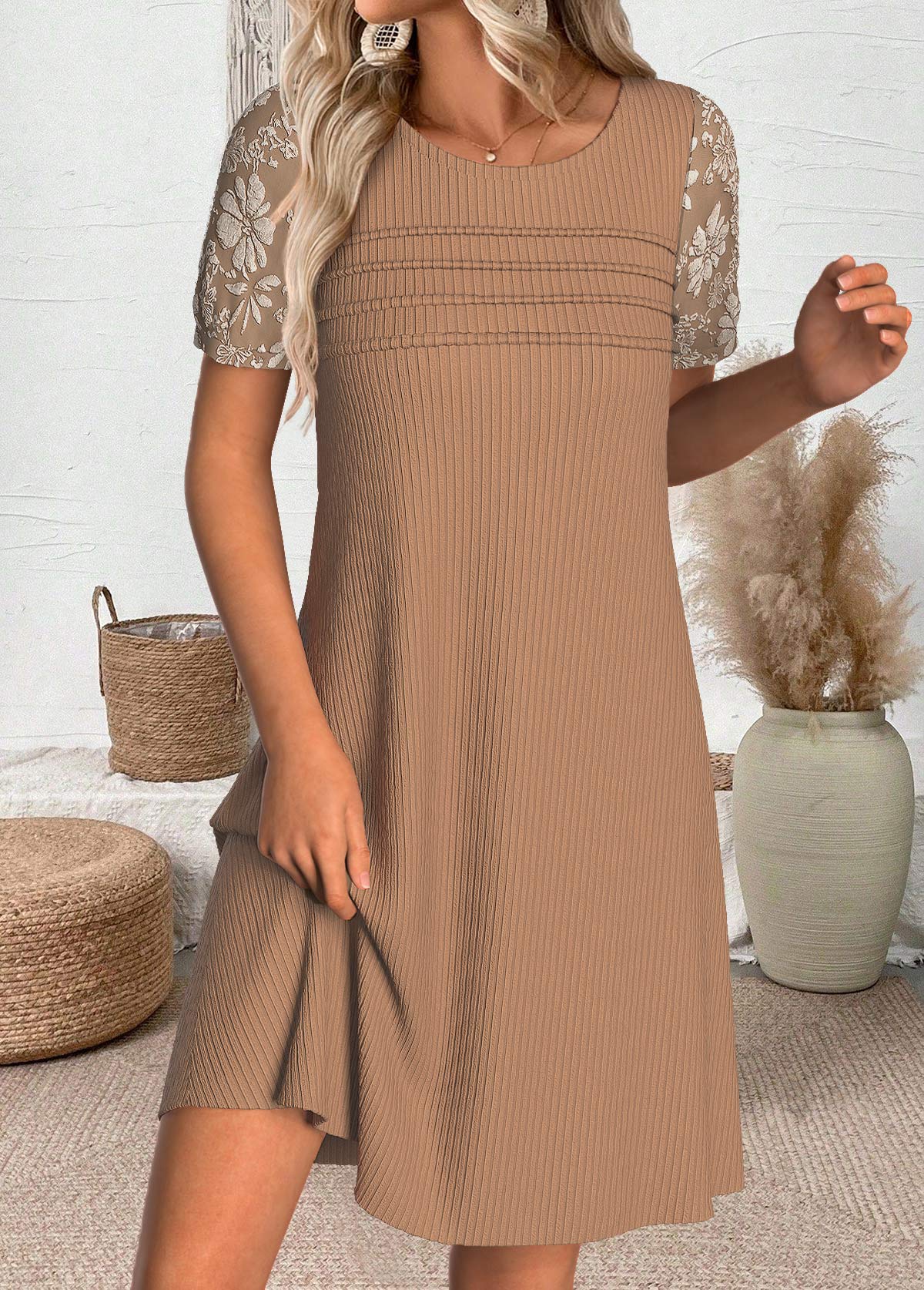 Light Coffee dresses,Plain Color dresses,Everyday dresses,Casual dresses,ROTITA Light Coffee Short Round Neck Dress
