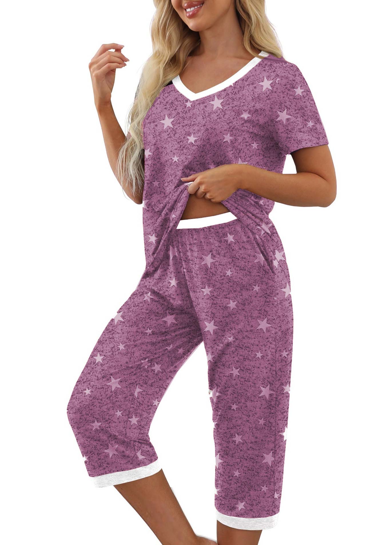 Purple loungewear,Galaxy loungewear,Star Print Purple V Neck Lounge Top and Pants