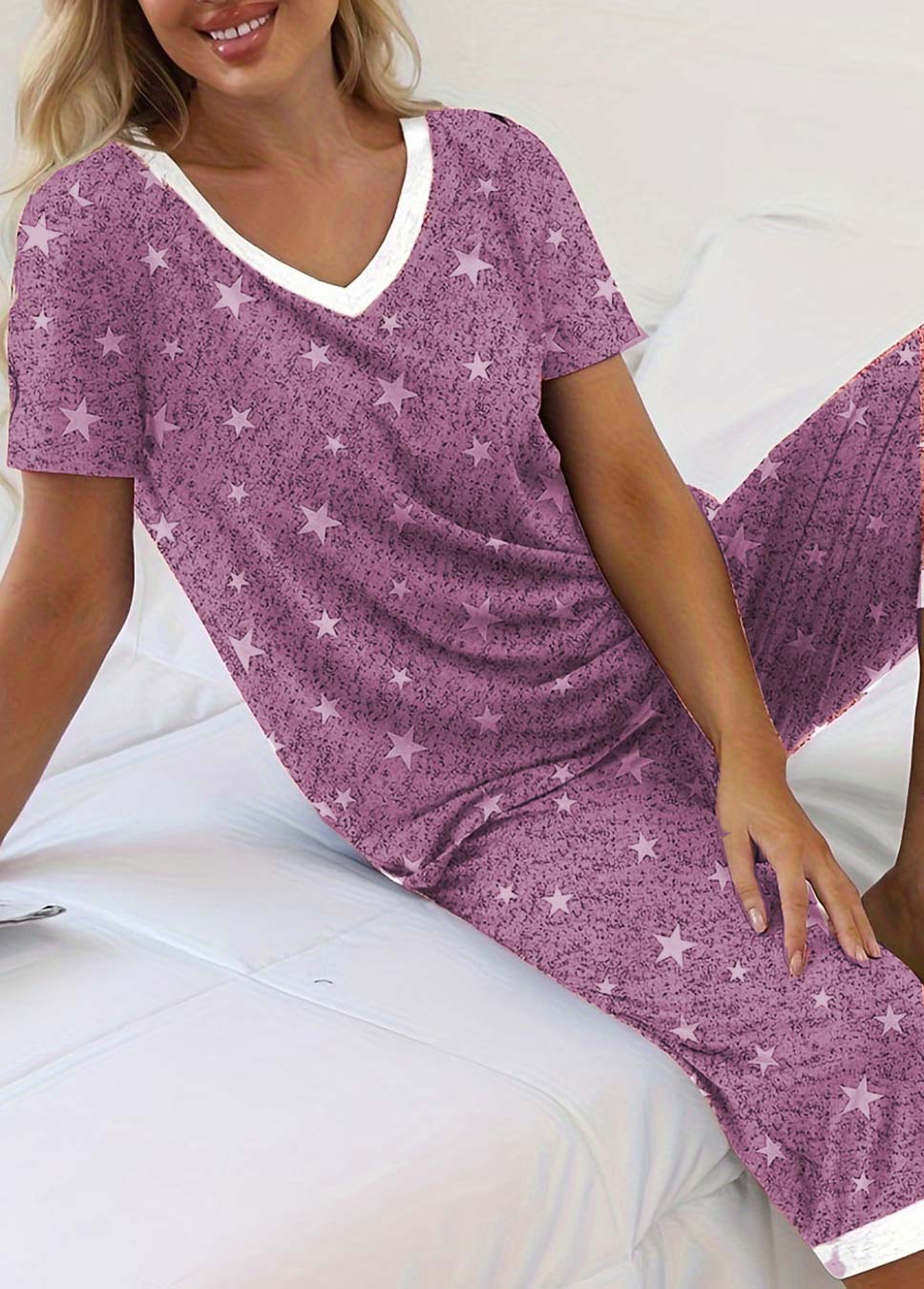 Purple loungewear,Galaxy loungewear,Star Print Purple V Neck Lounge Top and Pants