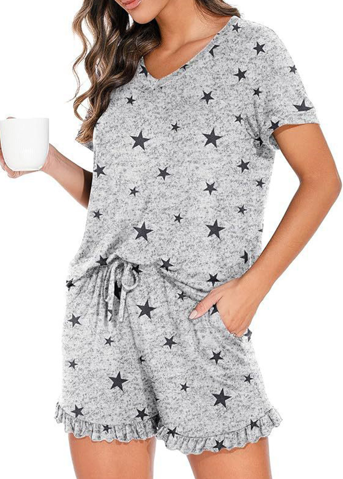 Grey loungewear,Galaxy loungewear,Star Print Grey Round Neck Lounge Top and Shorts